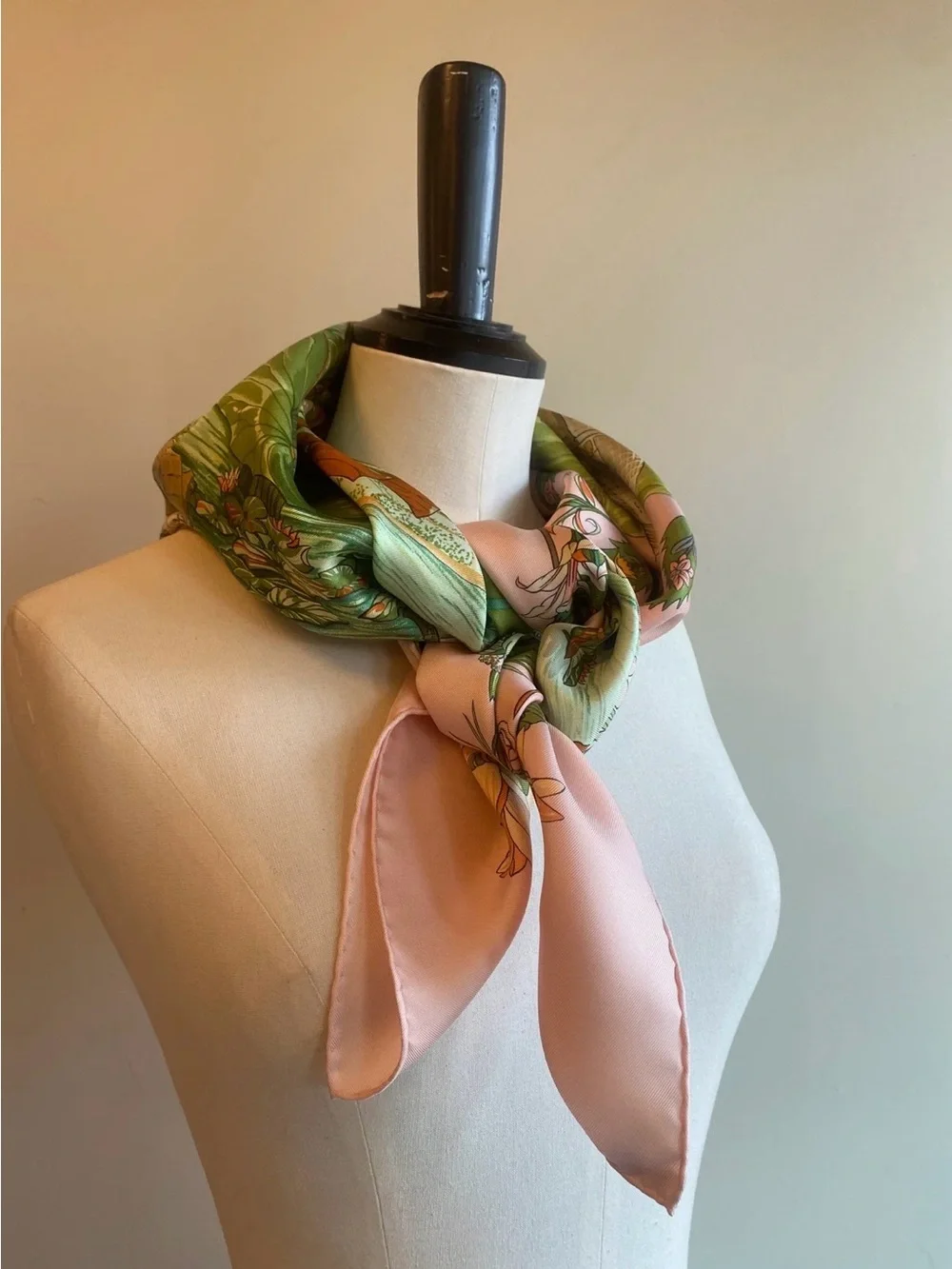 Hermes Pink and Green Silk Scarf with Lotus and River Scene - Picture 8 of 12